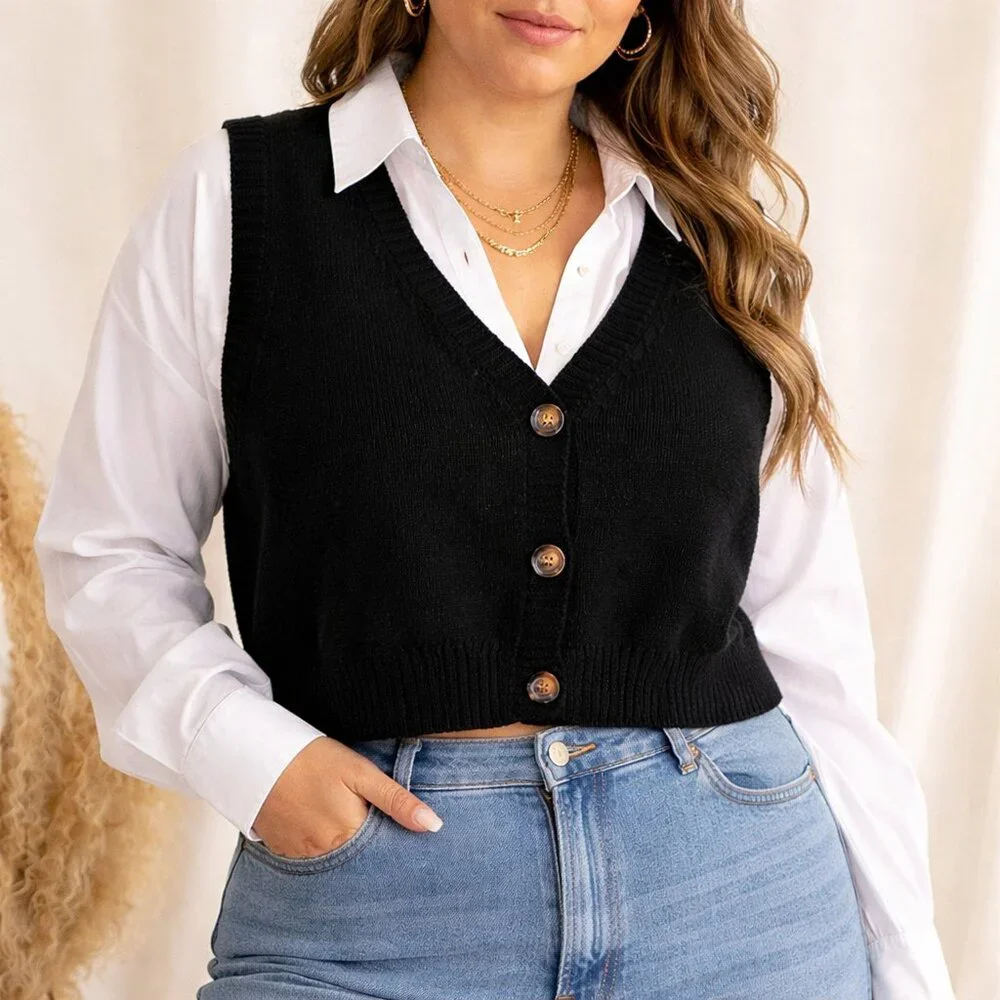 SHEIN Curve Black Knit Button Front Sweater Vest Size 1XL